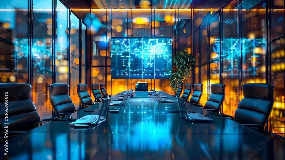 Poster high tech business conference room with immersive digital tools and collaborative networking