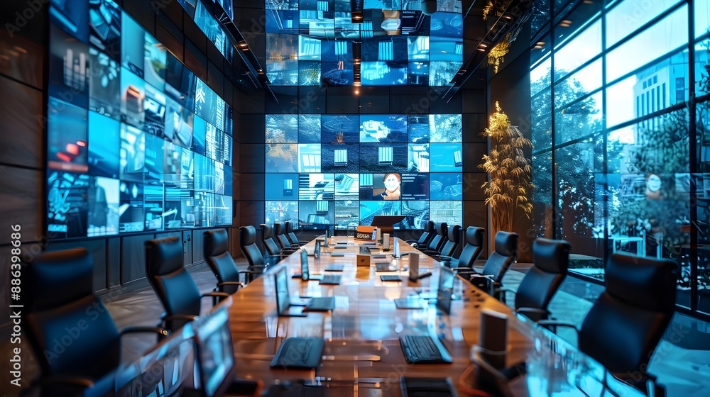 Poster high tech business conference room with immersive digital tools for collaborative networking