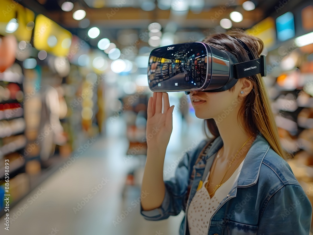 Poster immersive augmented reality shopping experience with customers interacting with virtual products in 