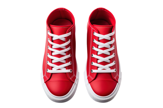 A Pair of Red Canvas Sneakers With White Laces, Seen From Above on a White or Clear Surface PNG Transparent Background - Powered by Adobe