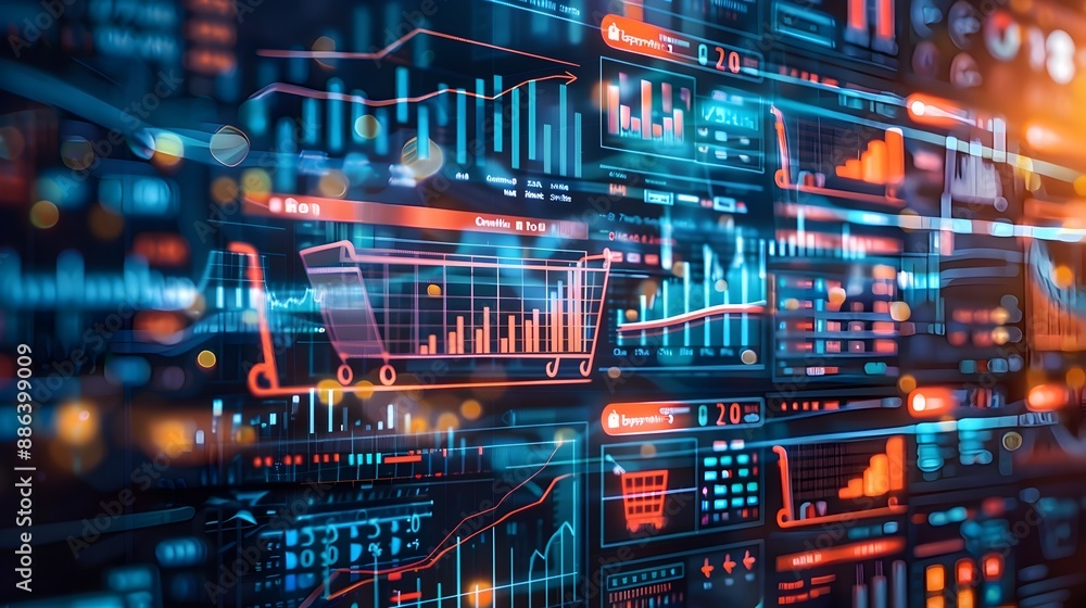 Poster detailed digital infographic showing e commerce growth and trends with colorful charts and data visu