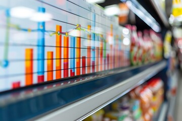 A grocery store interior featuring a wall chart displaying the top performing products based on profit, Display the top performing products based on profit margins