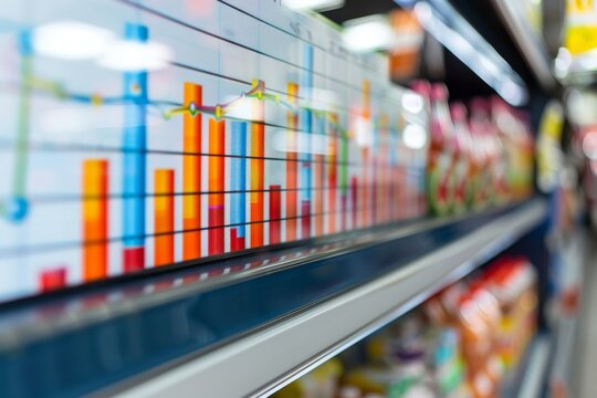 A grocery store interior featuring a wall chart displaying the top performing products based on profit, Display the top performing products based on profit margins