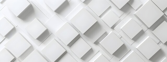 White background with geometric pattern of squares and cubes, 3D rendering. Minimalist design for web banner or presentation