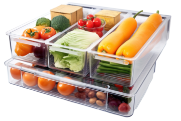 Stacked Clear Plastic Containers Filled With Fresh Produce on a White or Clear Surface PNG Transparent Background