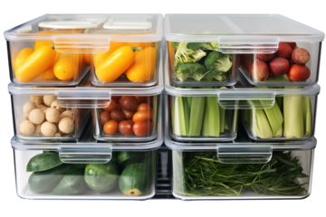 A Colorful Symphony of Freshness: Organized Produce in Clear Stackable Containers on a White or Clear Surface PNG Transparent Background