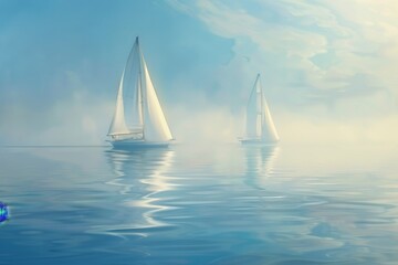 Sailboats in the distance navigating through calm waters on a sunny day, Distant sailboats drifting on the calm waters