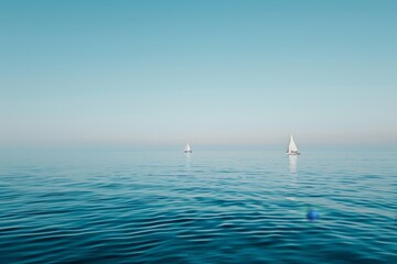 Two sailboats float peacefully on calm ocean waters on a sunny day, Distant sailboats drifting on the calm waters