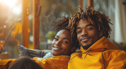 Fototapeta premium A couple sits close together in a sunny living room, both smiling.