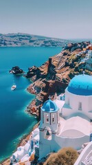 Naklejka premium Aerial shot of Santorini's white-washed buildings, blue domes, clear sea, open sky, ample space for text