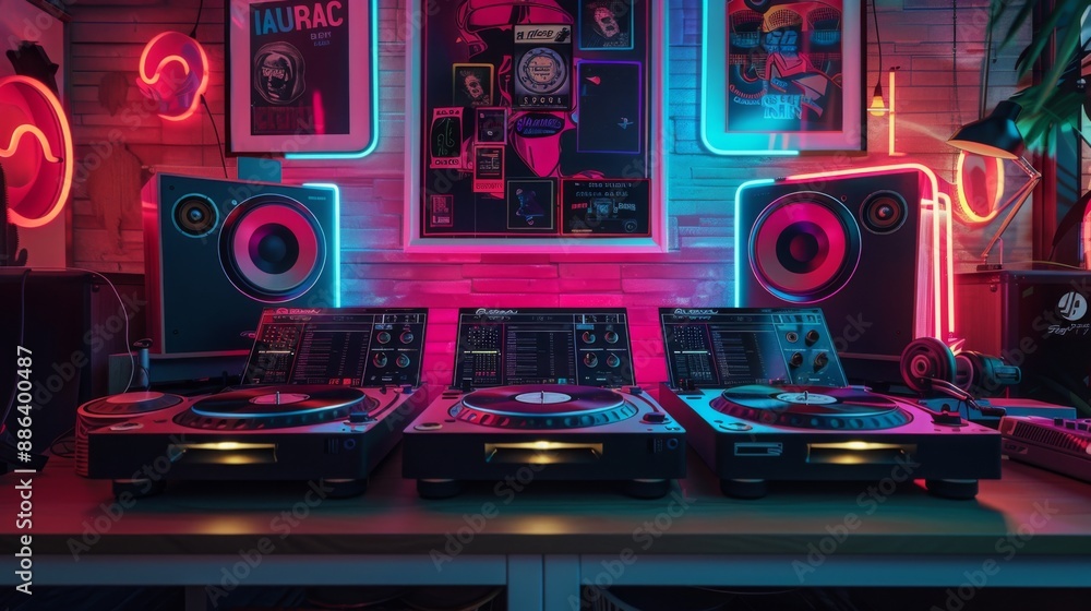 Poster three turntables with neon lights in the background, ready for a night of mixing and djing.