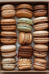 Assorted French macarons in a box, bird's-eye perspective, space for copy