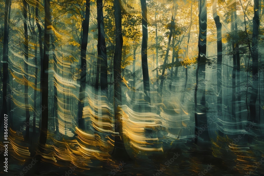 Poster a blurry view of a forest with trees in the background, distinctive call echoing through the forest