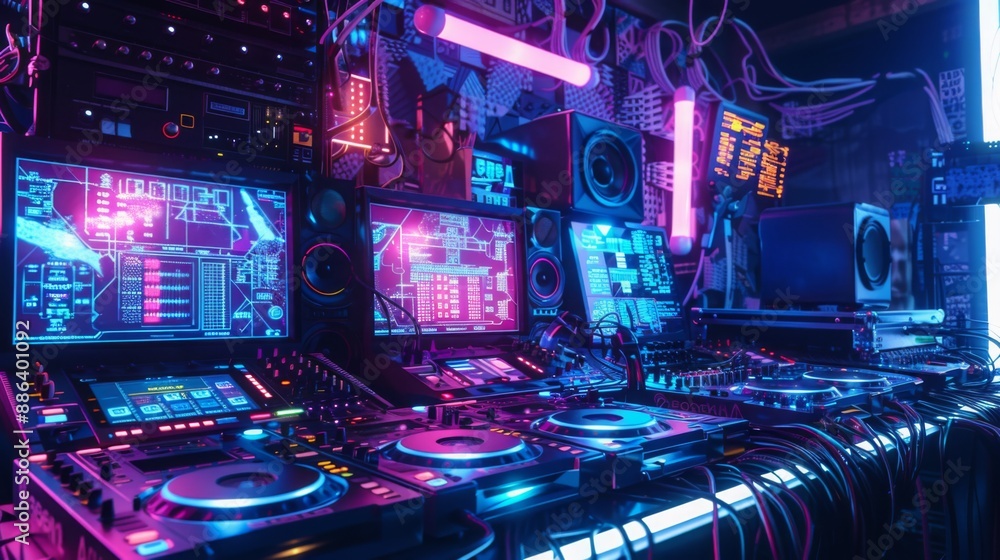 Poster A music production studio with neon lighting, a DJ mixer, and multiple computer monitors displaying digital audio waveforms.