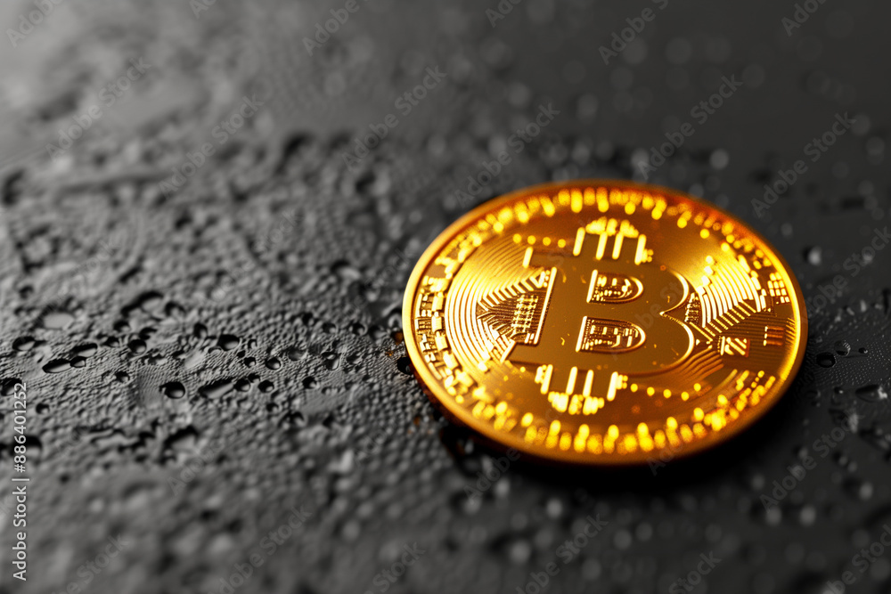 Poster close-up of bitcoin cryptocurrency symbol on black background with copy space - virtual money and in