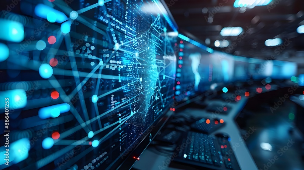 Poster robust business it infrastructure and digital communication visualized on control room monitors