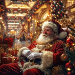 Santa claus relaxing on throne in magical christmas mall
