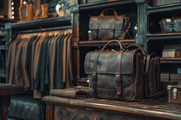 Leather Briefcase Displayed on Store Shelf, Distinctive smell and feel of genuine leather that exudes sophistication and elegance