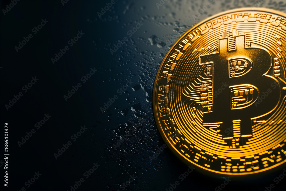 Poster close-up of bitcoin cryptocurrency symbol on black background with copy space - virtual money and in
