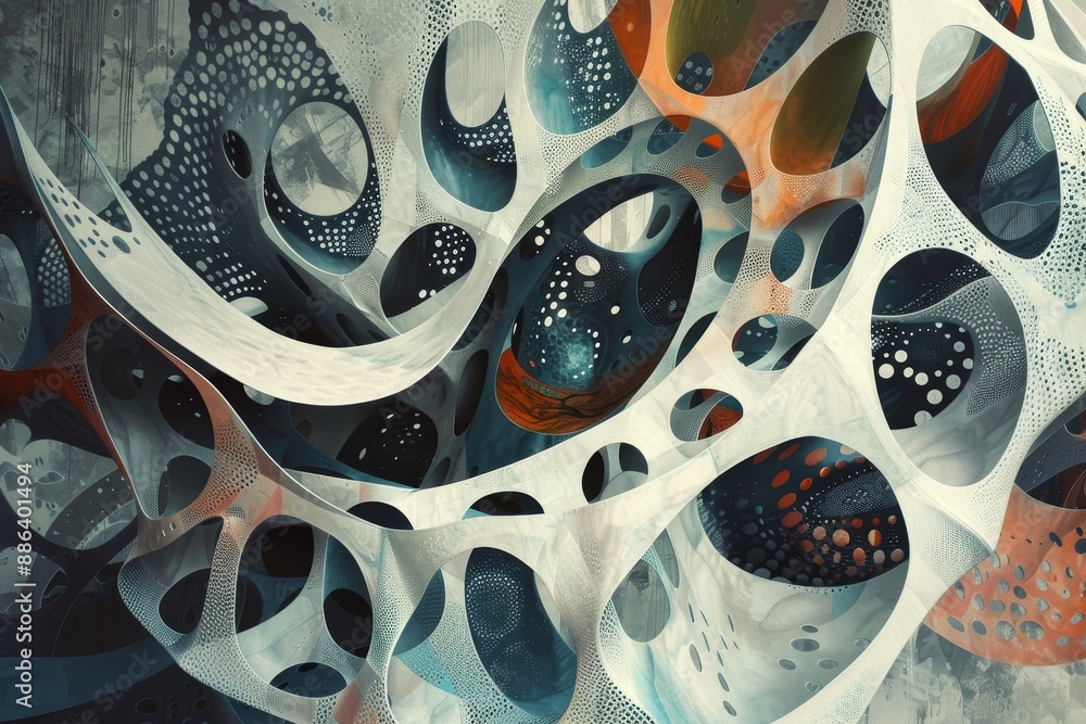 Poster an abstract painting dominated by a multitude of circles and dots in a whirlwind of patterns and col