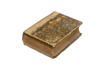 Old, weathered book with a faded, worn cover and yellowed pages is isolated. The book have a hardcover with a textured, mottled pattern and signs of wear along the  edges and spine.
