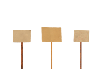 Three posters of protesters with copy space. Cardboard signs on sticks isolated.