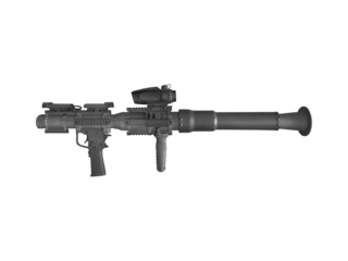 Modern black colored rocket-propelled grenade launcher is isolated on transparent background.