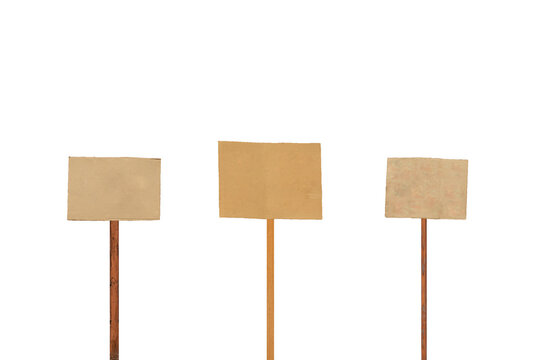 Three posters of protesters with copy space. Cardboard signs on sticks isolated.