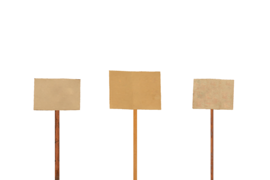 Three posters of protesters with copy space. Cardboard signs on sticks isolated.
