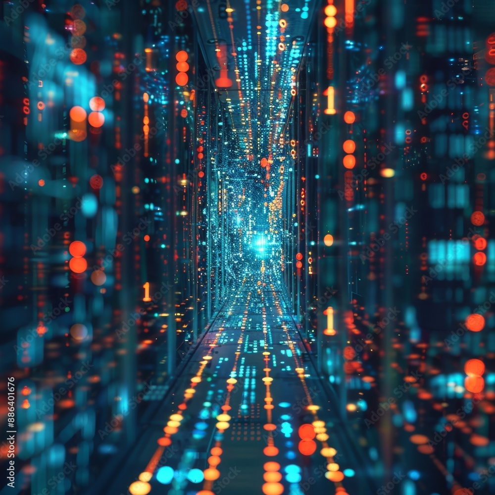 Poster digitalization concept with data flowing through server room corridor