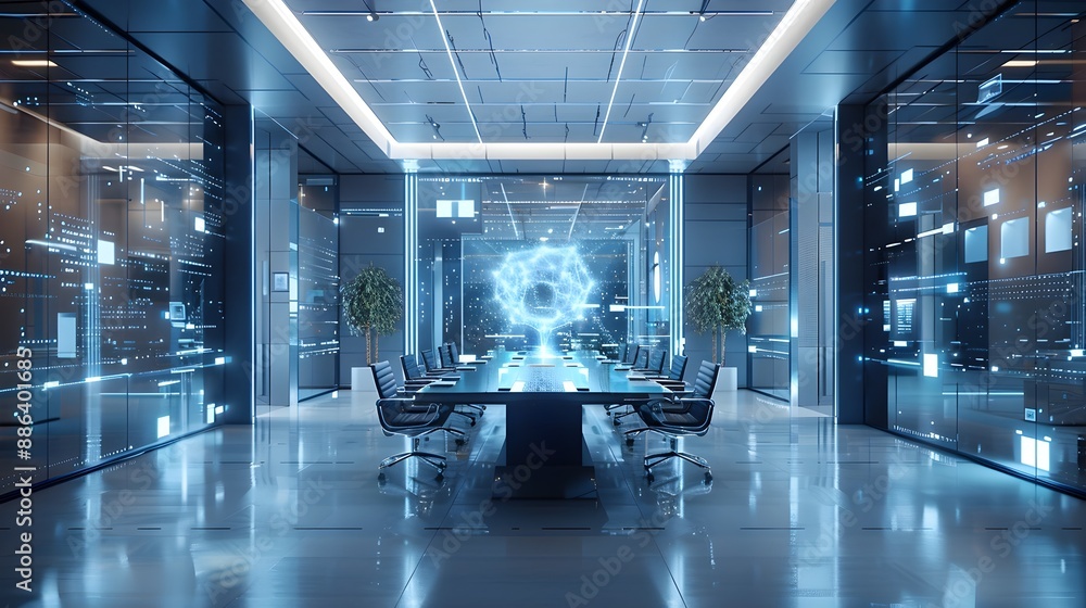 Poster futuristic smart office with ai powered business communication and networking