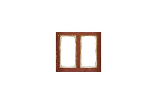 Old minimalist brown wooden window frame with two sashes isolated on white background.