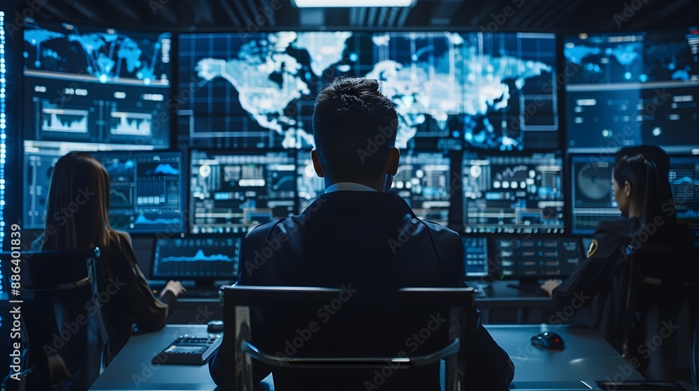 Poster cyber security team monitoring and protecting business networks from high tech center