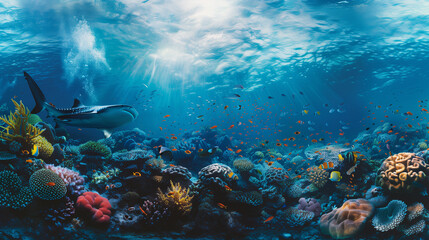 Obraz premium Panoramic Background of Stunning Coral Reef with Shark: Underwater Beauty