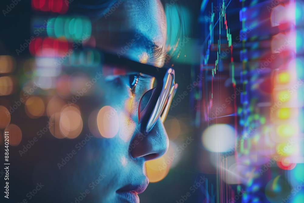 Poster close-up view of a financial analyst utilizing ai-driven predictive analytics tools to forecast mark