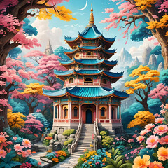 Obraz premium Asian pagoda with blue roof with colorful blooming trees around