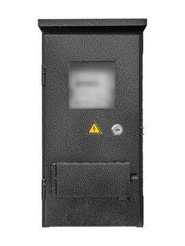 Black, textured metal electrical panel with a small square window, a key lock, and a yellow warning sign indicating high voltage is isolated.