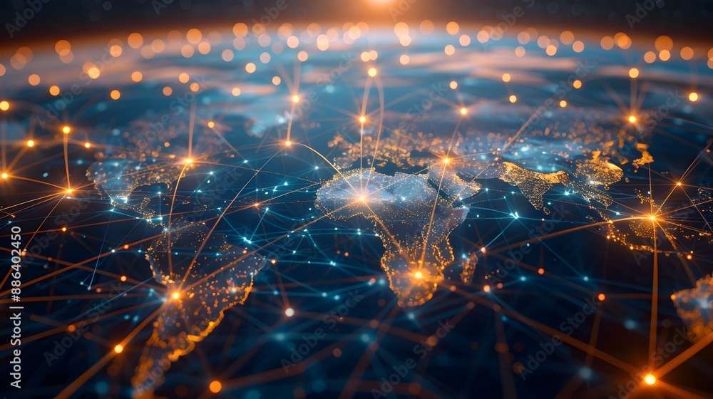 Poster global business network interconnected data streams world map highlighting international communicati