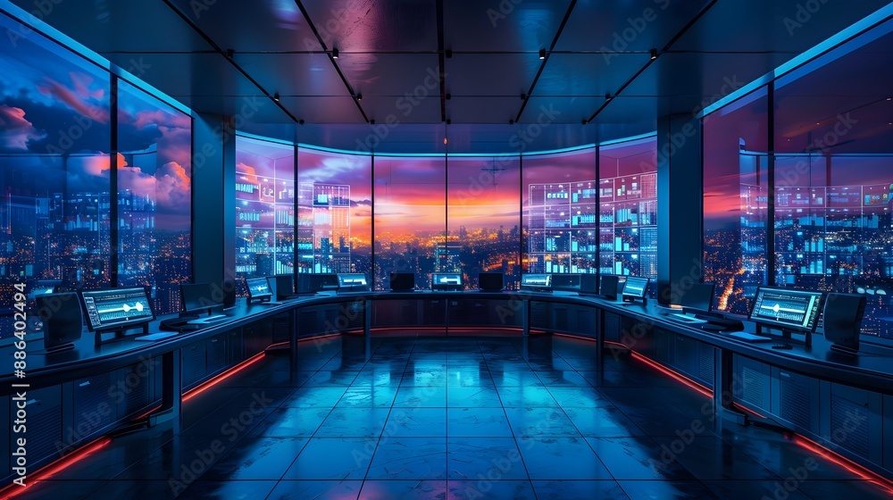 Aufkleber sleek futuristic control room with real time network monitoring and digital communication management