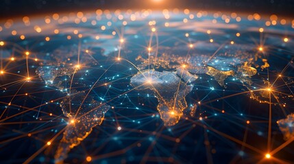Global Business Network Interconnected Data Streams World Map Highlighting International Communication and Digital Technology