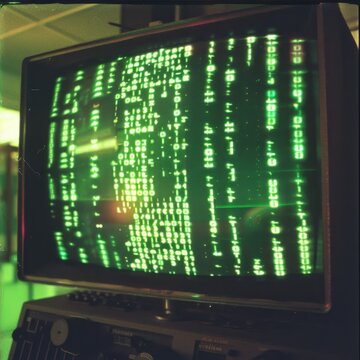 Green phosphor monitor displaying source code from the 80s