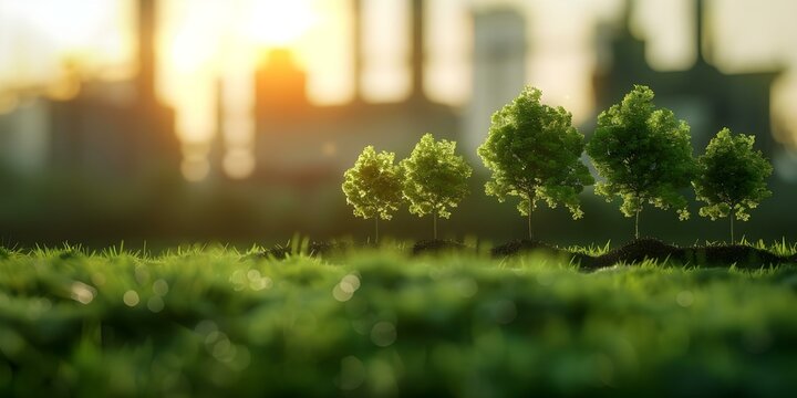 Offsetting Factory Emissions with Trees A Visual Representation of Carbon Credit Concept. Concept Sustainability, Carbon Offsetting, Emissions Reduction, Tree Planting, Environmental Conservation