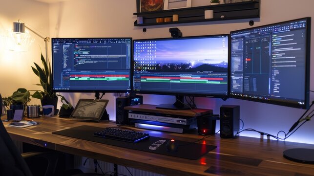 Modern Home Office Desk Setup with Triple Monitor Display.