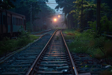 Fototapeta premium Serene railway track in the evening light, perfect for transportation and travel concepts.