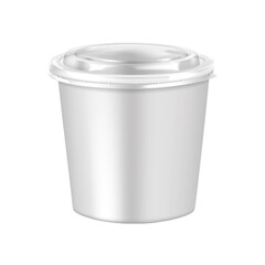 White paper soup cup with clear plastic lid. 3d mockup. Disposable paperboard takeaway food container. Realistic vector mock-up. Template for design