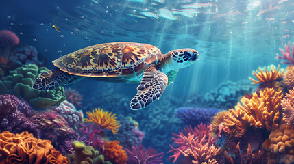 Fototapeta premium Underwater Scene: Sea Turtle Swimming Among Coral Reef