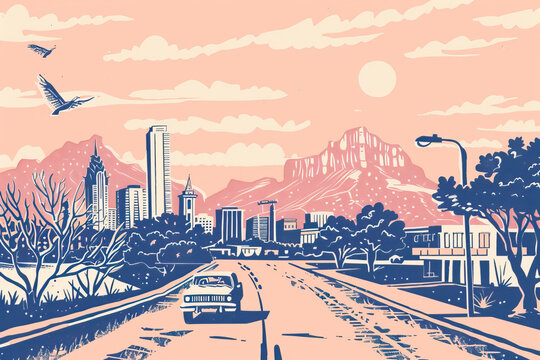 Risograph riso print travel poster, card, wallpaper or banner illustration, modern, isolated, clear, simple of Laredo, Texas, USA. Artistic, screen printing, stencil