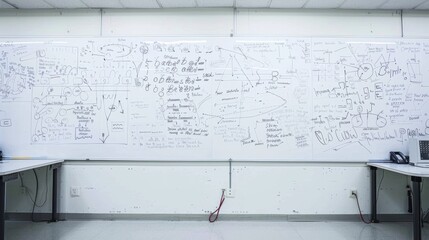 Whiteboard covered in handwritten notes and diagrams.