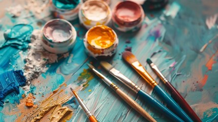 Paint Brushes and Palette with Colorful Paint.