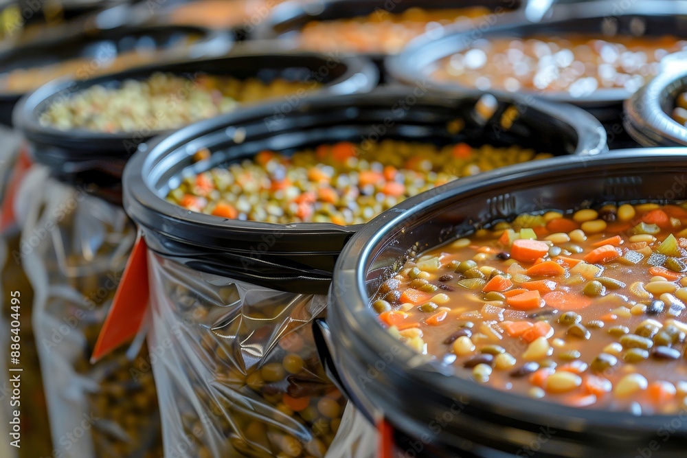 Aufkleber multiple jars of soup neatly arranged on a shelf, donation bins overflowing with canned soup and bea
